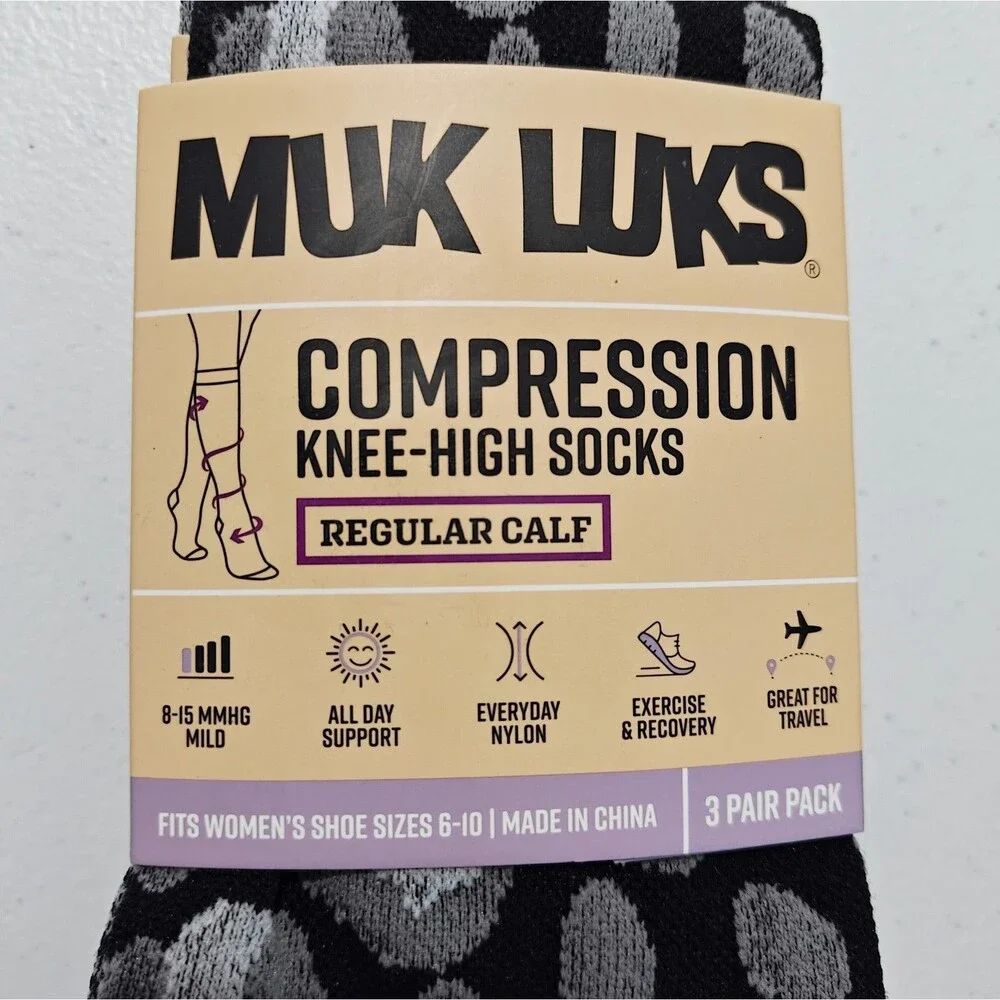 NEW Muk Luks Compression Socks 6 Pairs Knee-High Women 6-10 Black Leopard Nylon